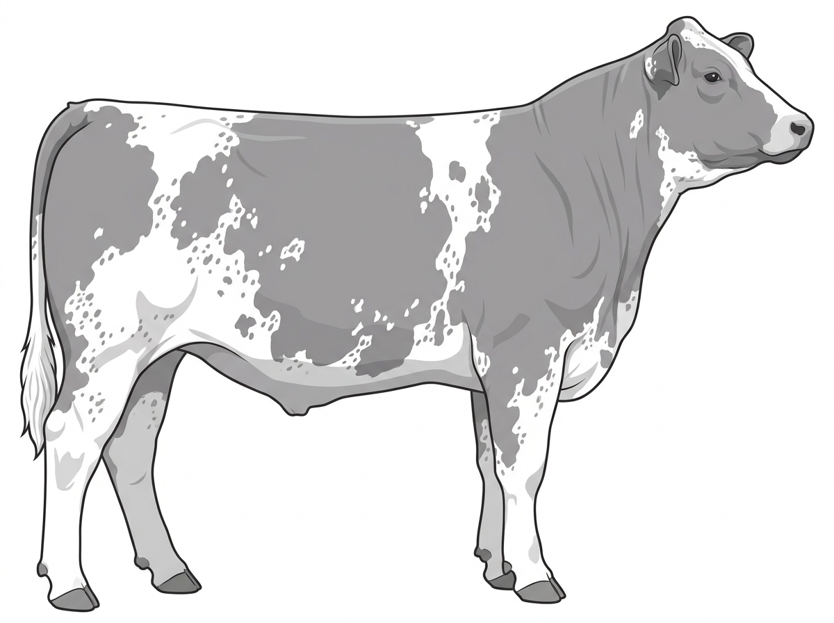 Gray with white spots and ticking in the white MaineTainer Steer
