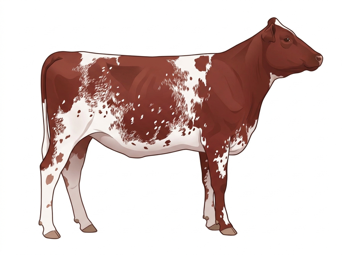 Heavy red roan with white spots and ticking in the white MaineTainer Heifer