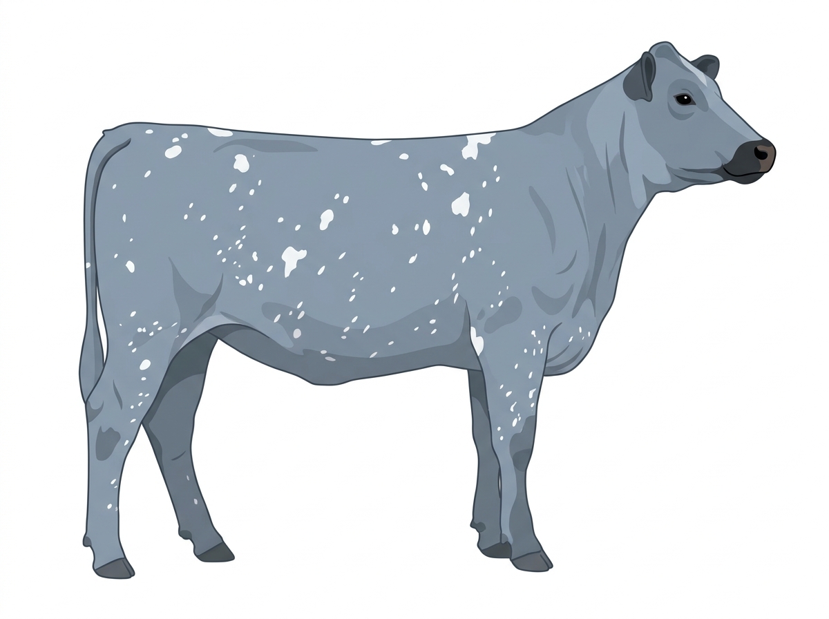 Light blue roan with a few white spots and ticking in the white MaineTainer Heifer