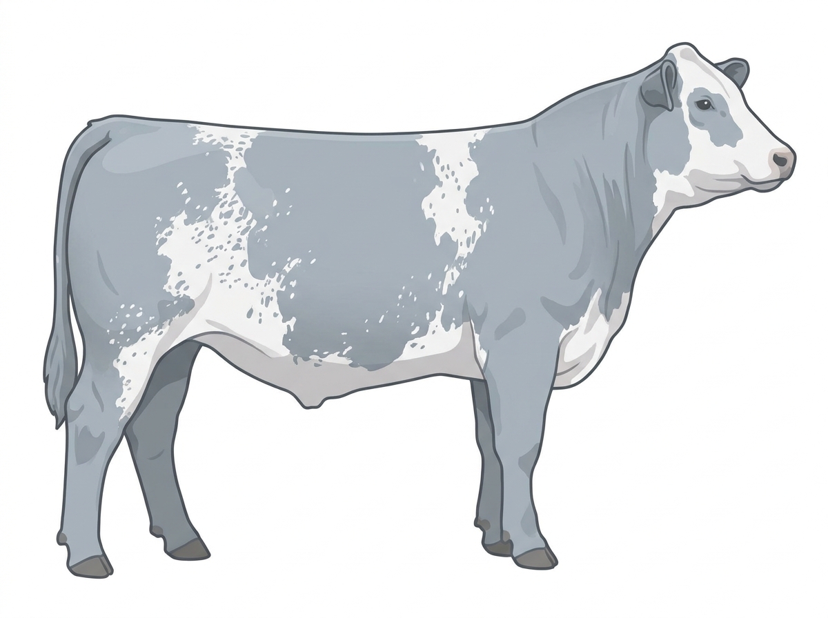 Light blue roan with a few white spots and ticking in the white MaineTainer Steer