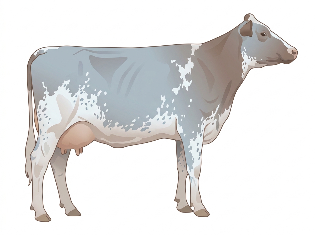 Light blue roan with white spots and ticking in the white MaineTainer Cow