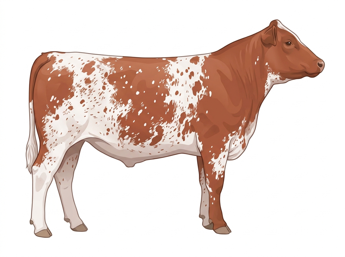 Light red roan with white spots and ticking in the white MaineTainer Steer