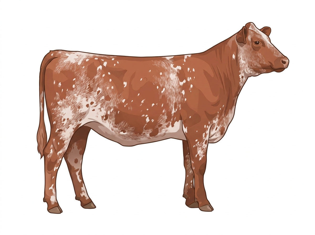 Red roan with white spots and ticking in the white MaineTainer Heifer