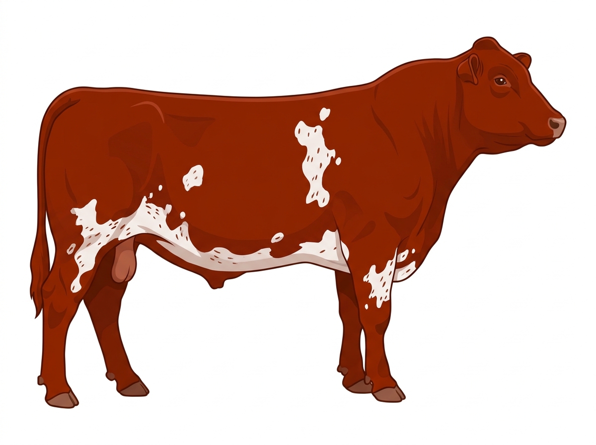 Red with a few white spots and ticking in the white MaineTainer Bull