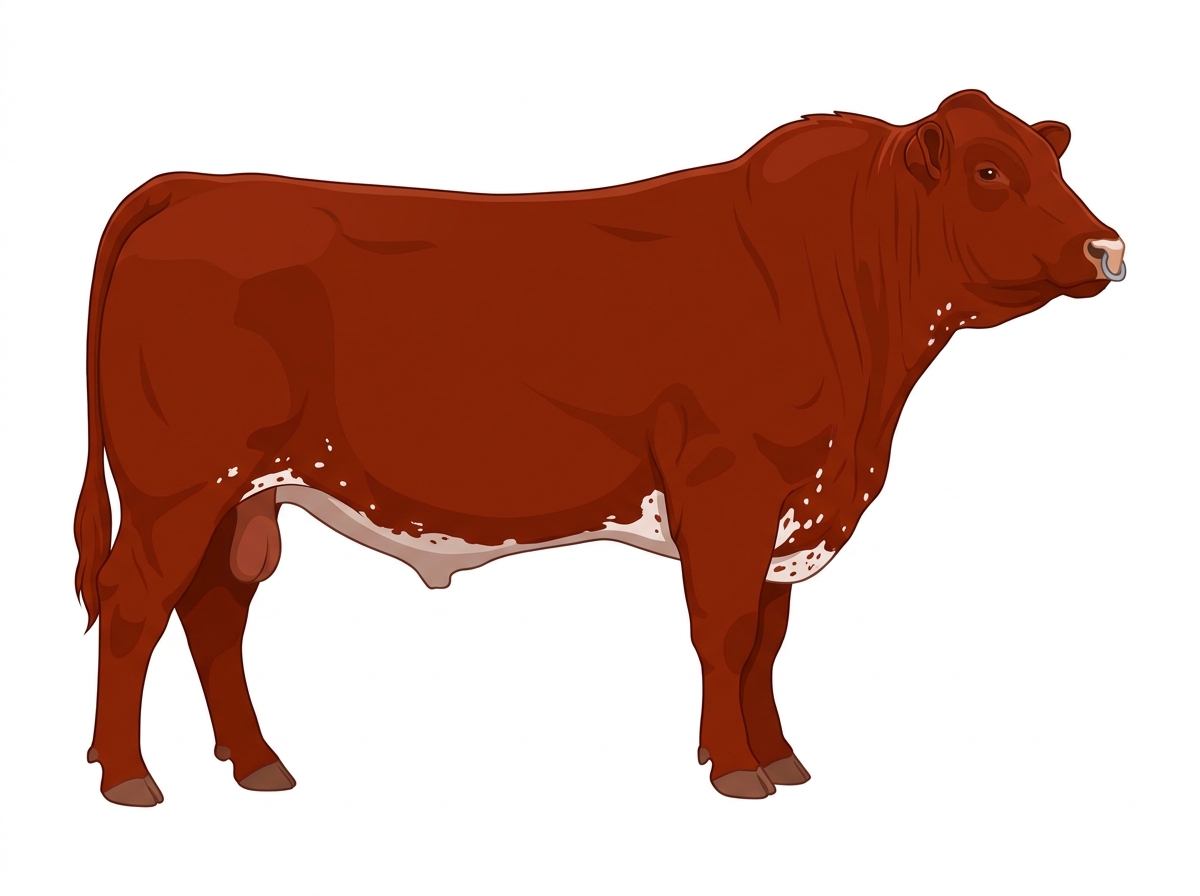Red with a pale muzzle ring and lighter underline, a few white spots and ticking in the white MaineTainer Bull