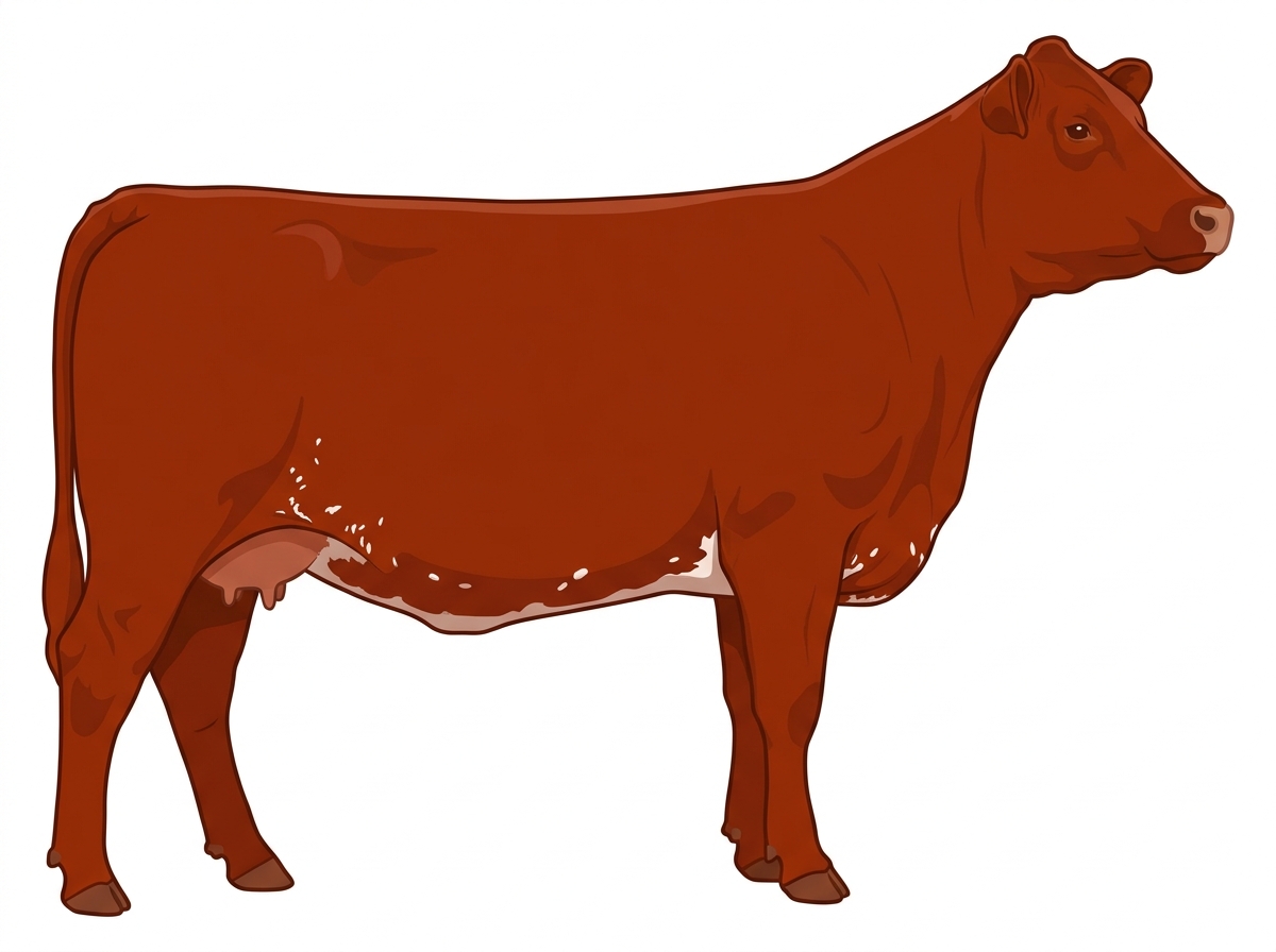Red with a pale muzzle ring and lighter underline, a few white spots and ticking in the white MaineTainer Cow
