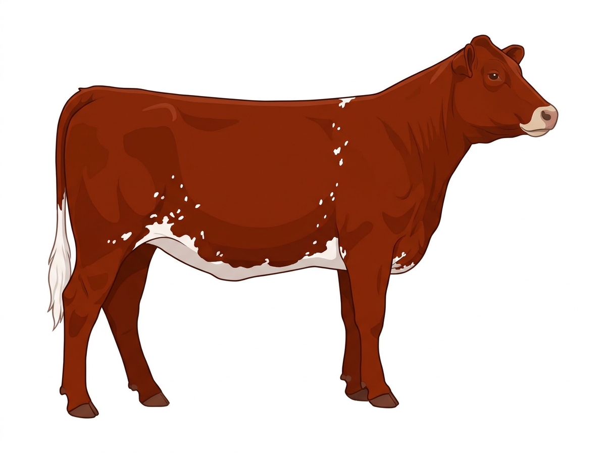Red with a pale muzzle ring and lighter underline, a few white spots and ticking in the white MaineTainer Heifer