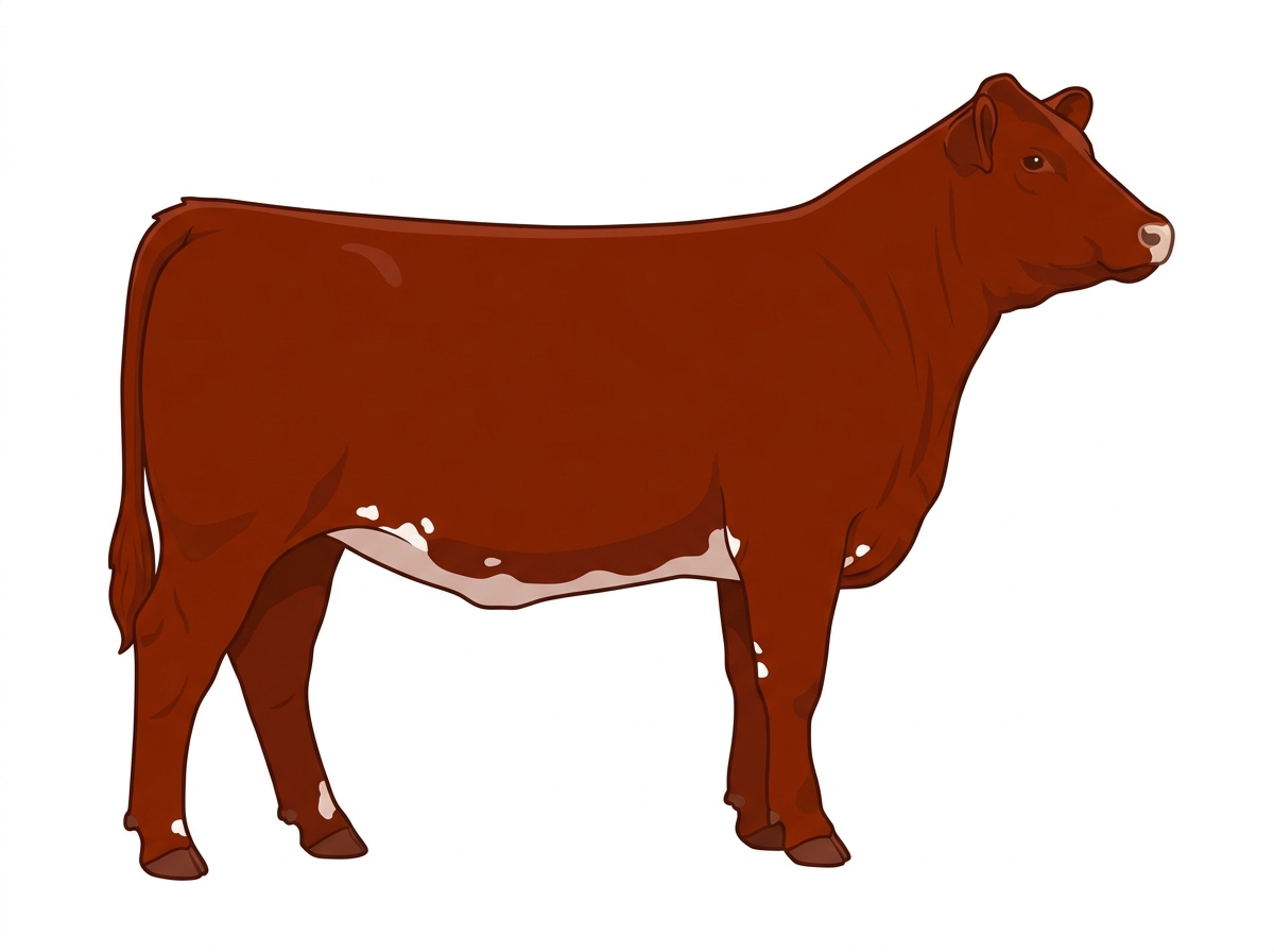 Red with a pale muzzle ring and lighter underline and a few white spots MaineTainer Heifer