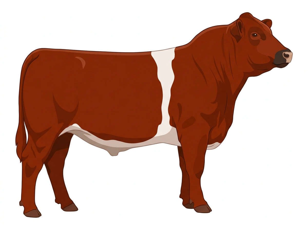 Red with a pale muzzle ring and lighter underline and a white belt around the midsection MaineTainer Bull