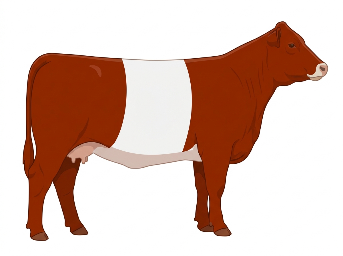 Red with a pale muzzle ring and lighter underline and a white belt around the midsection MaineTainer Cow