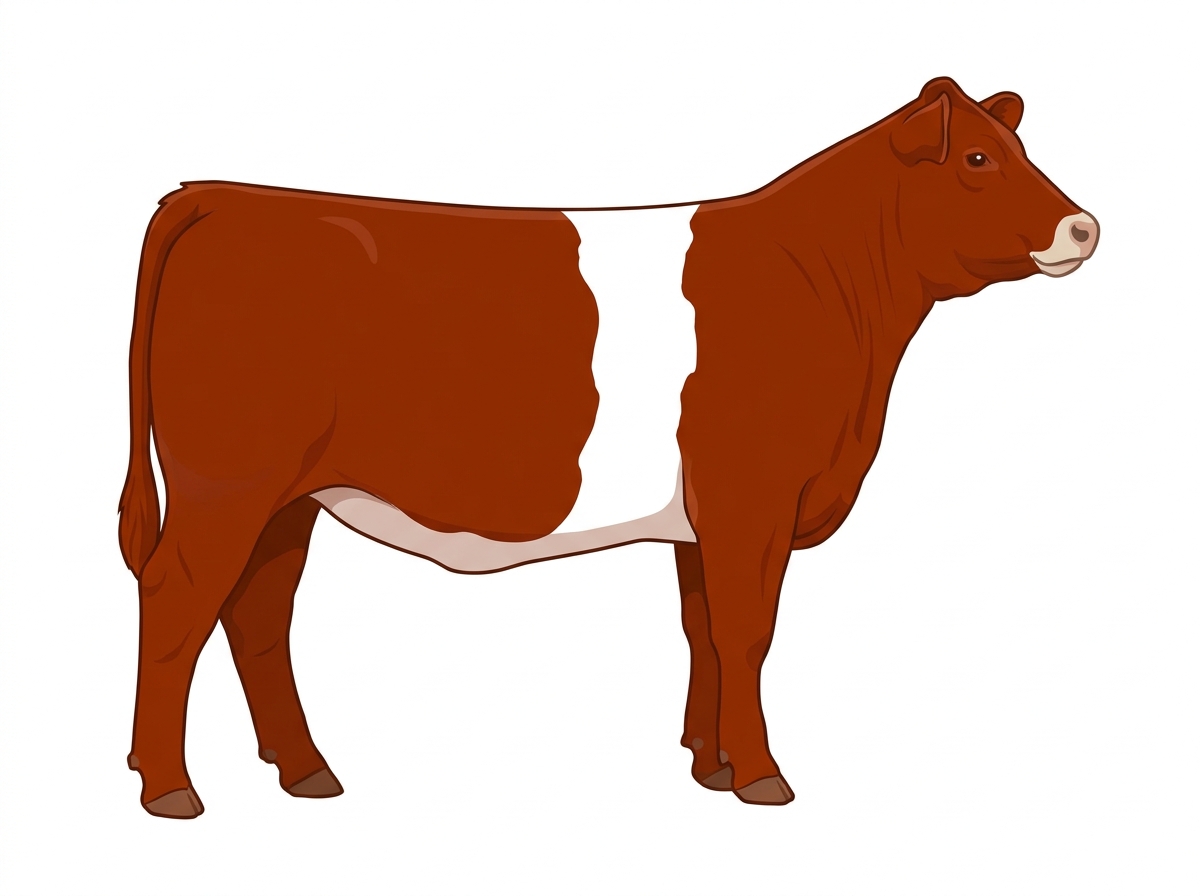 Red with a pale muzzle ring and lighter underline and a white belt around the midsection MaineTainer Heifer