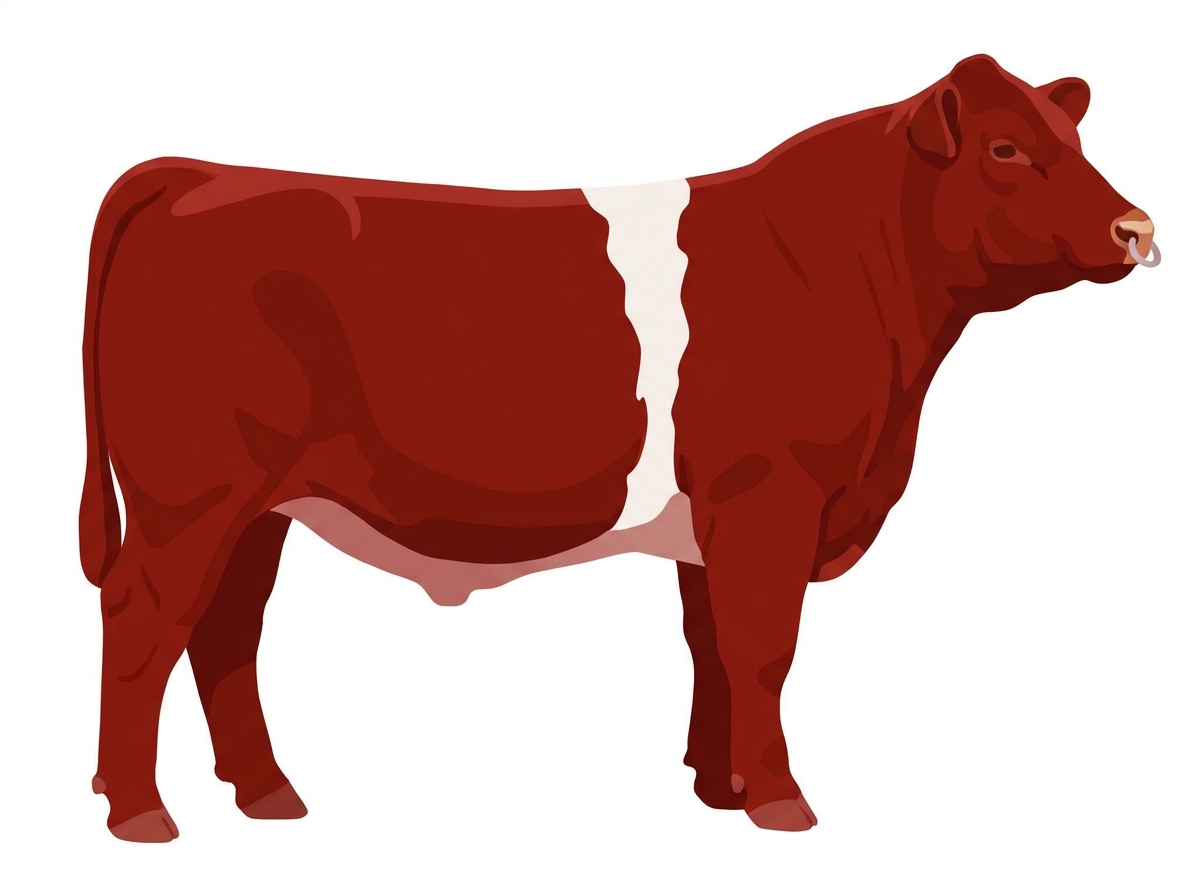 Red with a pale muzzle ring and lighter underline and a white belt around the midsection MaineTainer Steer