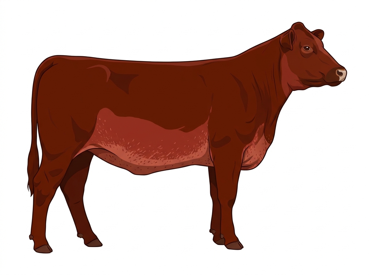 Red with a pale muzzle ring and lighter underline and ticking in the white MaineTainer Heifer