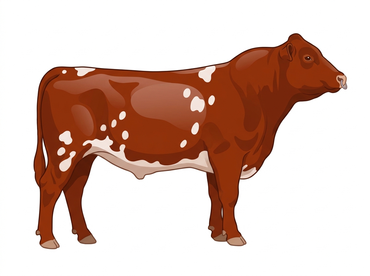 Red with a pale muzzle ring and lighter underline and white spots MaineTainer Bull