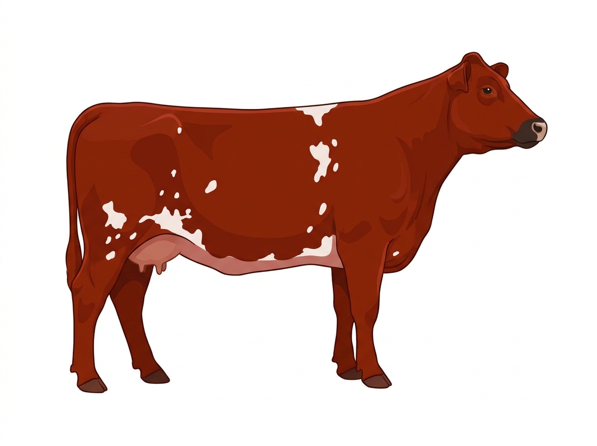 Red with a pale muzzle ring and lighter underline and white spots MaineTainer Cow