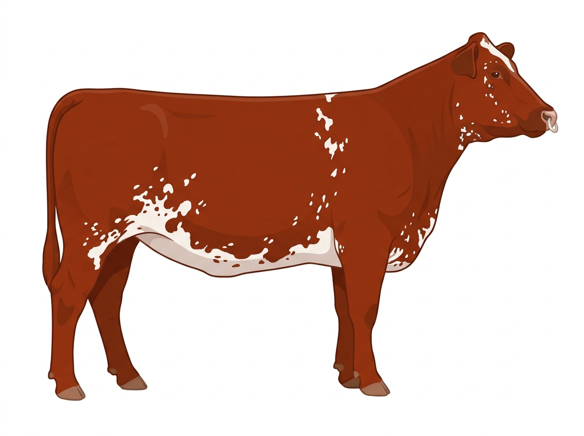Red with a pale muzzle ring and lighter underline, white spots and ticking in the white MaineTainer Heifer