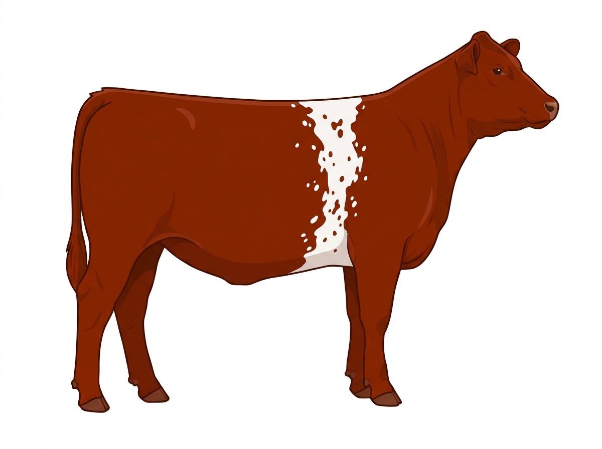 Red with a white belt around the midsection, a few white spots and ticking in the white MaineTainer Heifer