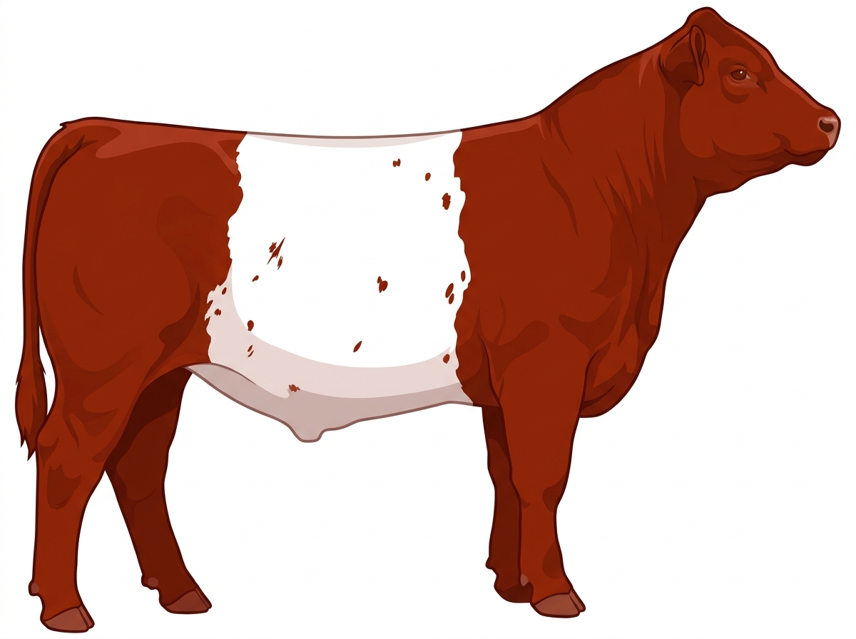 Red with a white belt around the midsection, a few white spots and ticking in the white MaineTainer Steer