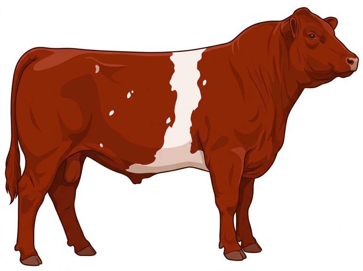 Red with a white belt around the midsection and a few white spots MaineTainer Bull