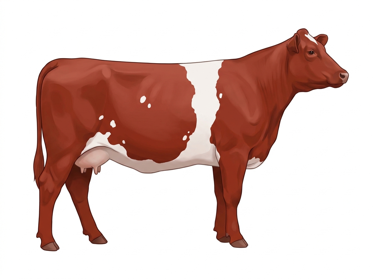 Red with a white belt around the midsection and a few white spots MaineTainer Cow