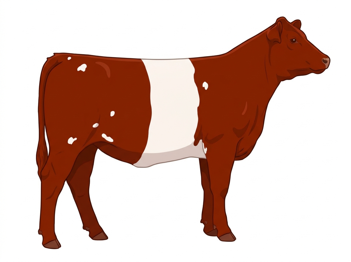 Red with a white belt around the midsection and a few white spots MaineTainer Heifer