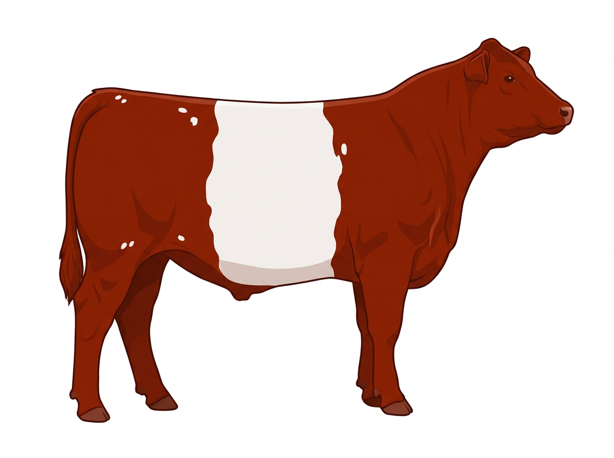 Red with a white belt around the midsection and a few white spots MaineTainer Steer