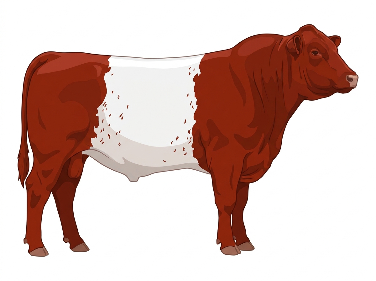 Red with a white belt around the midsection and ticking in the white MaineTainer Bull