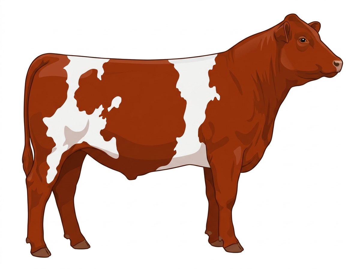 Red with a white belt around the midsection and white in large patches MaineTainer Steer