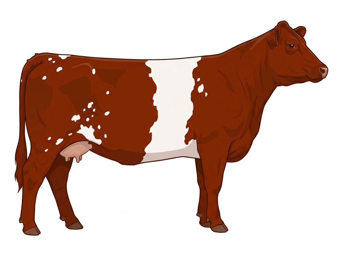 Red with a white belt around the midsection and white spots MaineTainer Cow