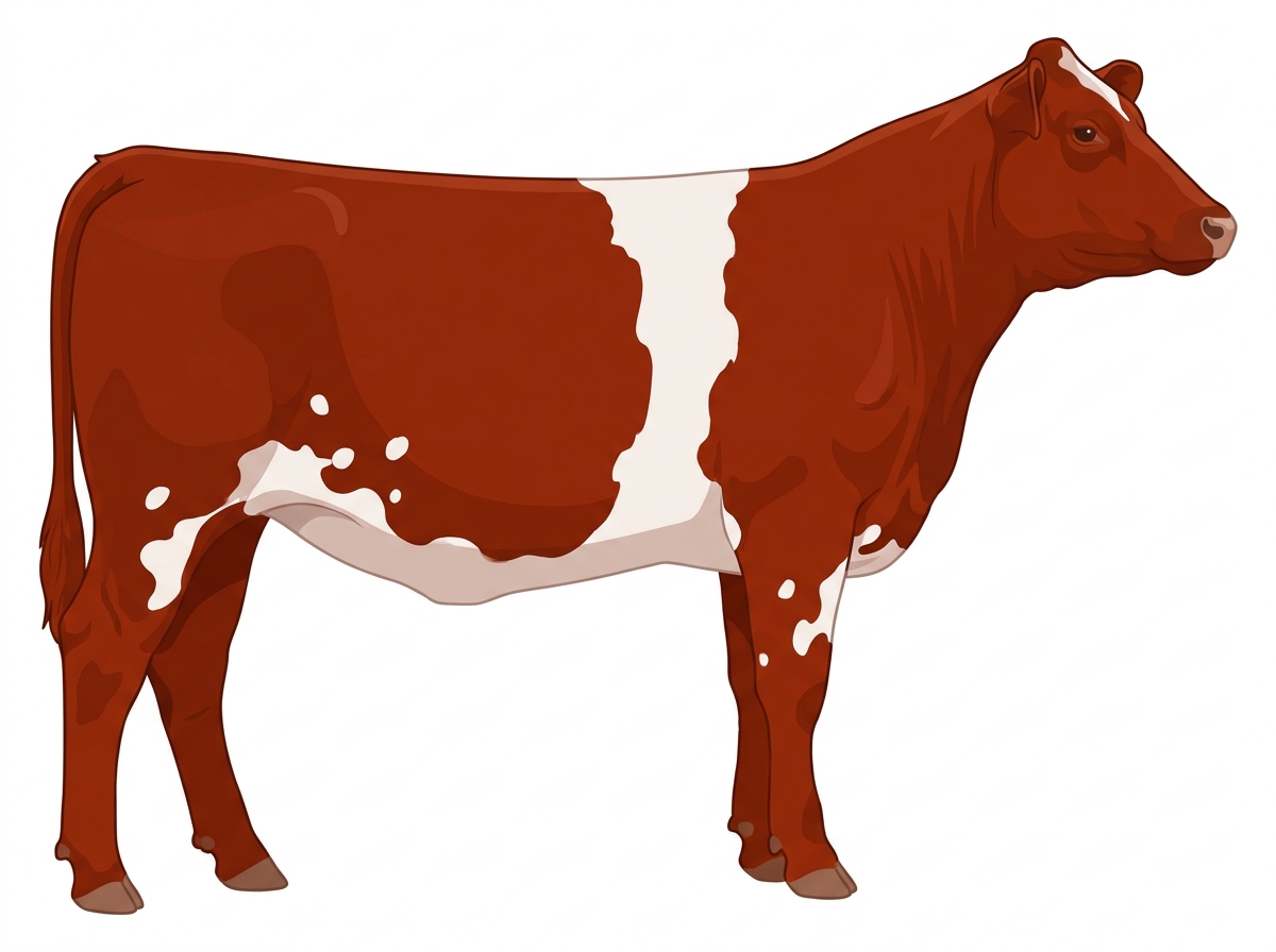 Red with a white belt around the midsection and white spots MaineTainer Heifer