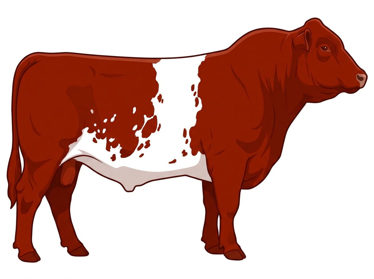 Red with a white belt around the midsection, white in large patches and ticking in the white MaineTainer Bull