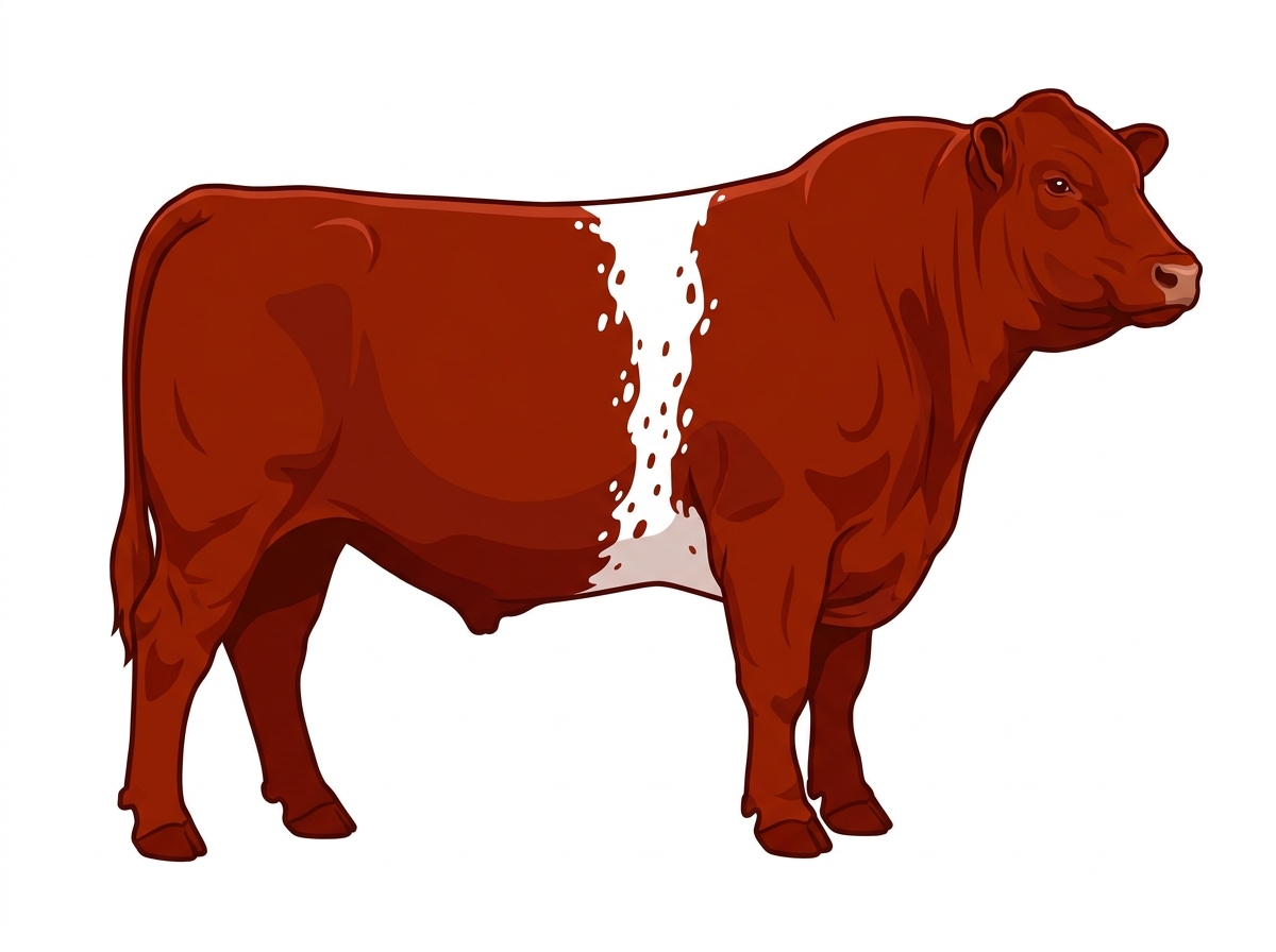 Red with a white belt around the midsection, white spots and ticking in the white MaineTainer Bull