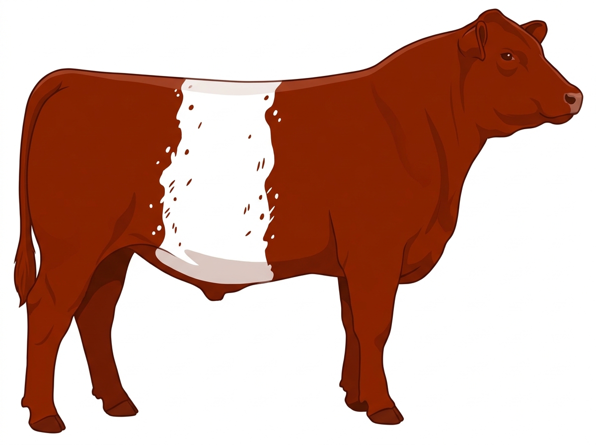 Red with a white belt around the midsection, white spots and ticking in the white MaineTainer Steer