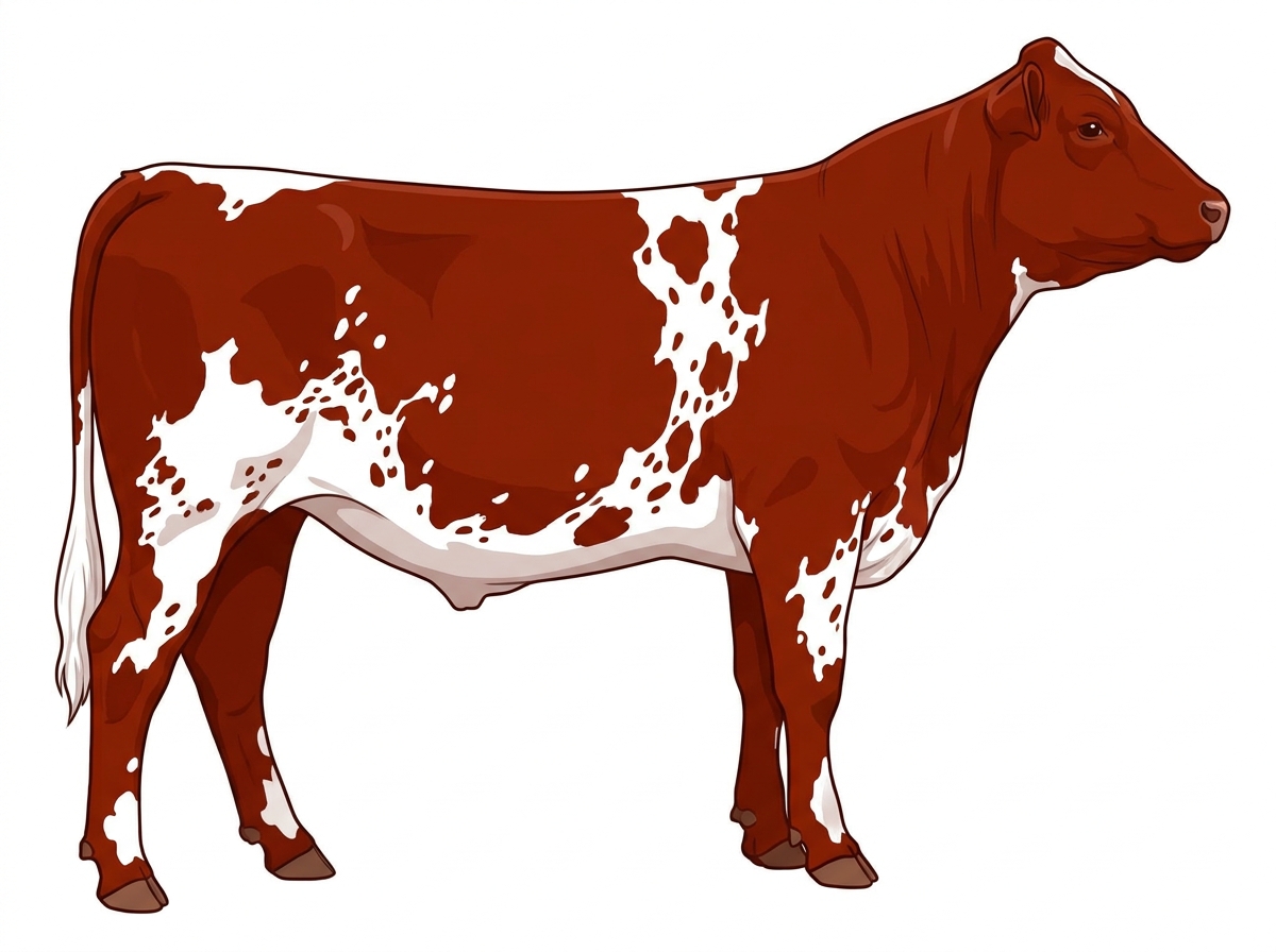 Red with white spots and ticking in the white MaineTainer Steer