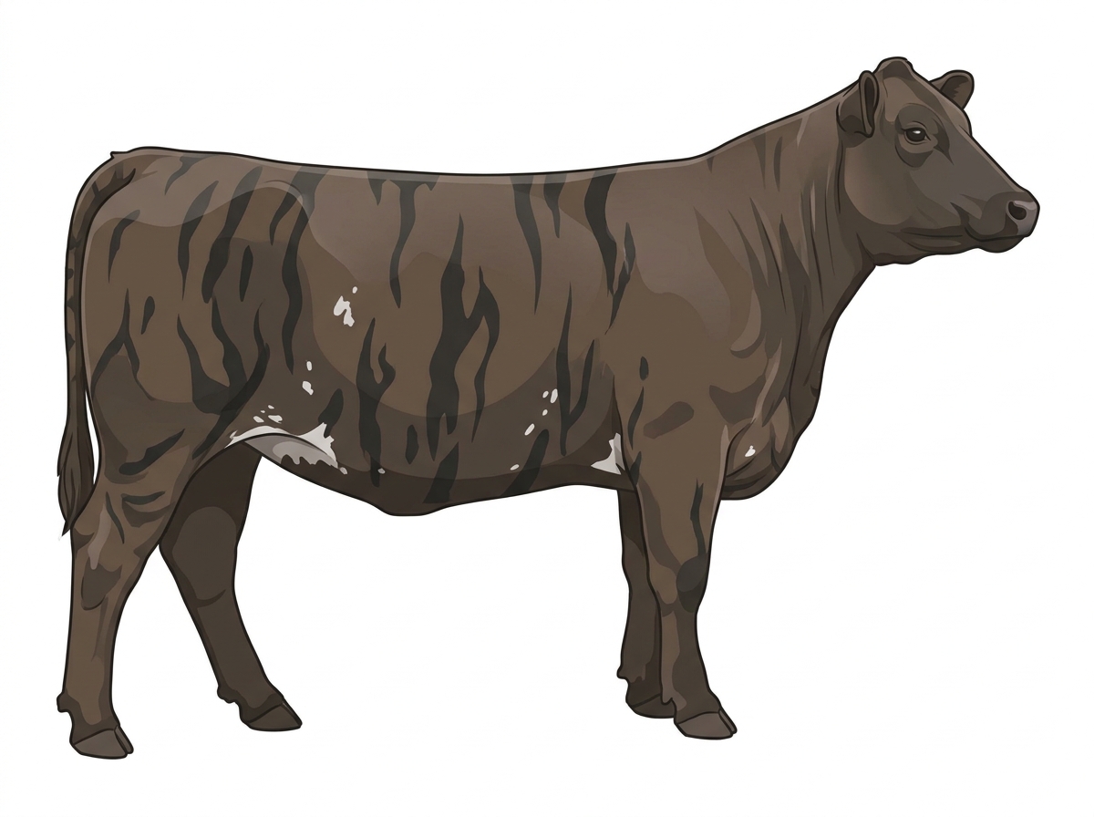Smoky brindle with black stripes, a few white spots and ticking in the white MaineTainer Heifer