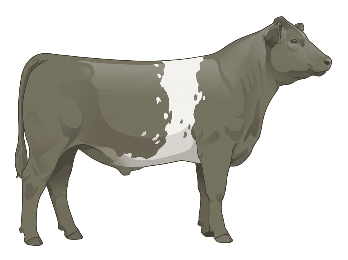 Smoky with a white belt around the midsection, a few white spots and ticking in the white MaineTainer Steer