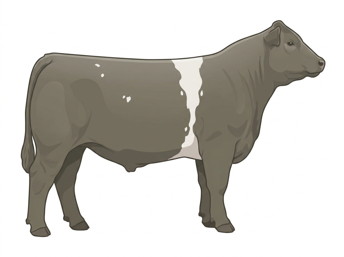 Smoky with a white belt around the midsection and a few white spots MaineTainer Steer
