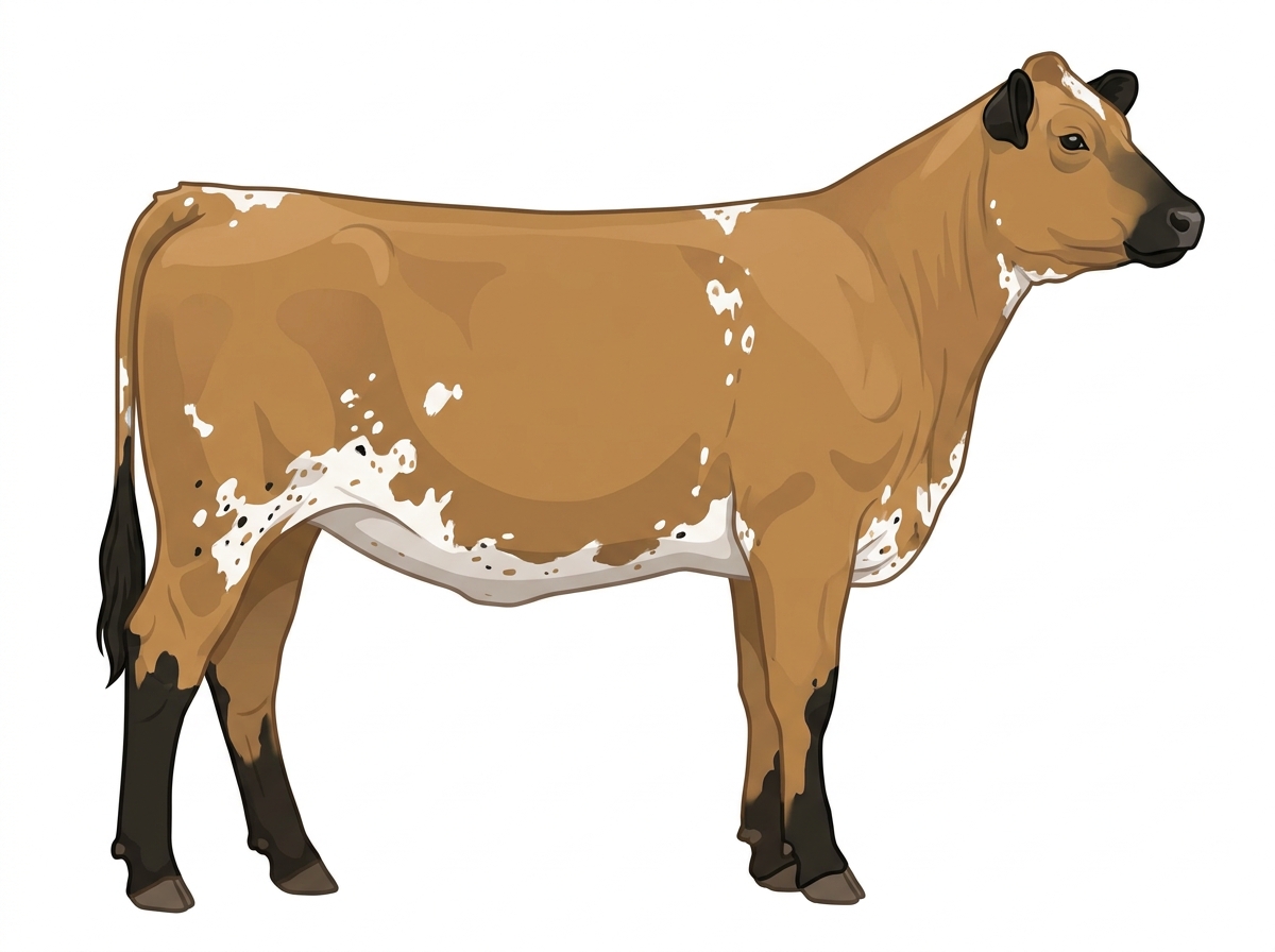 Tan with black points, white spots and ticking in the white MaineTainer Heifer