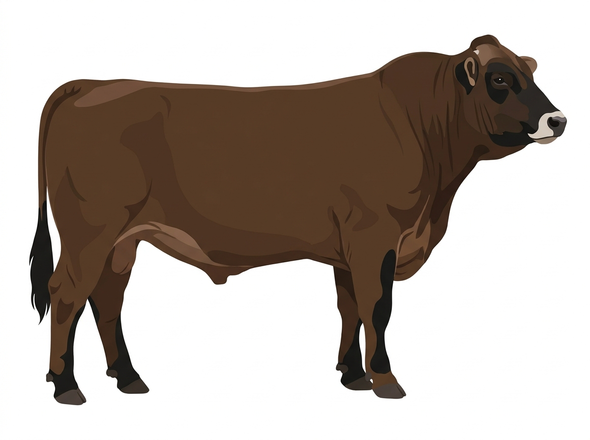 Brown with black points, a pale muzzle ring and lighter underline and a partial white face Purebred Braunvieh Bull