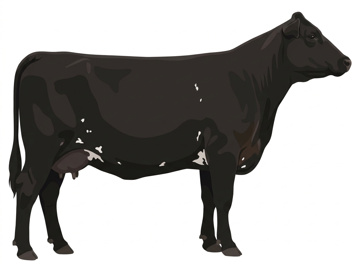 Black with a few white spots and ticking in the white Purebred Maine-Anjou Cow