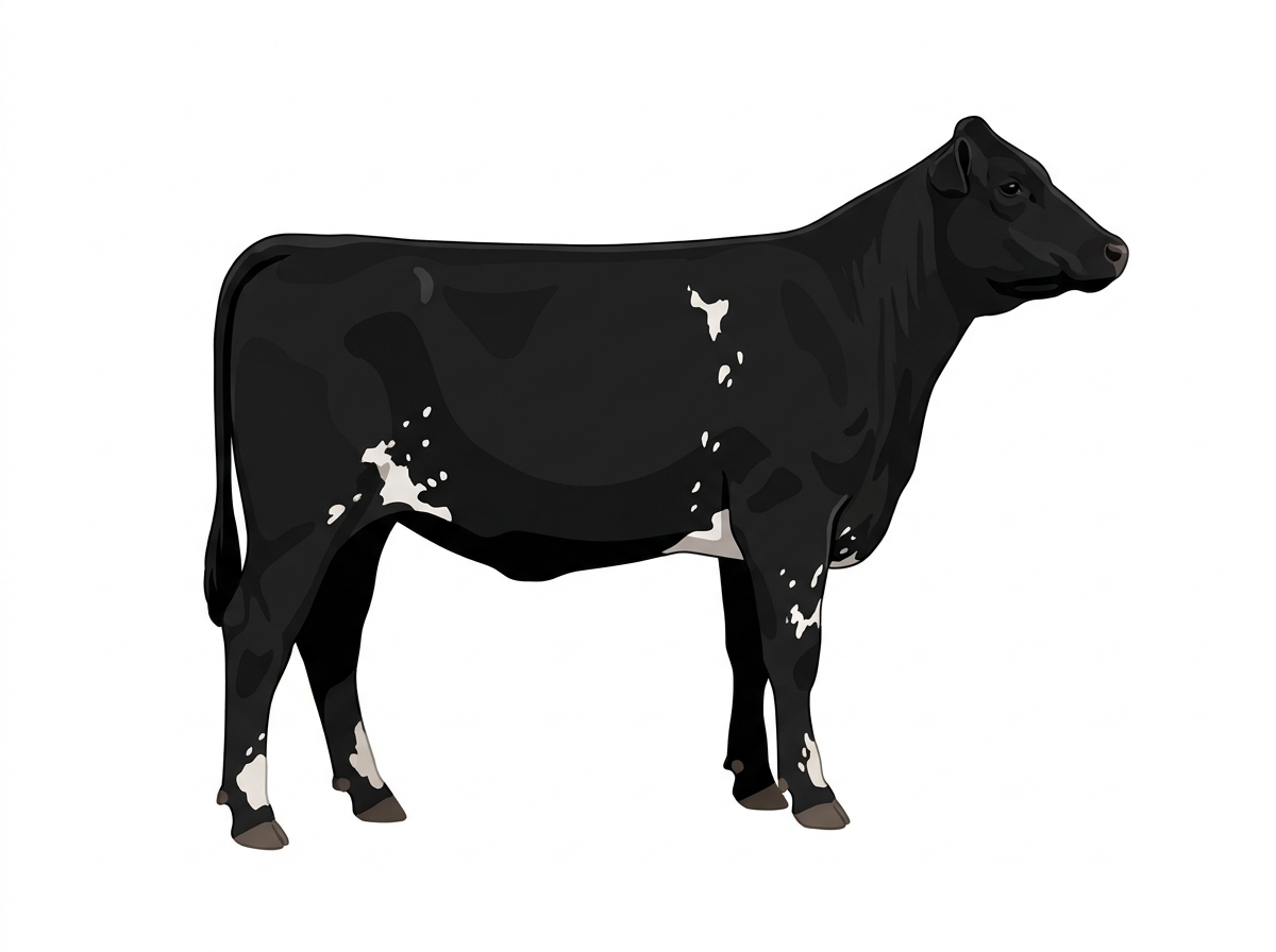 Black with a few white spots and ticking in the white Purebred Maine-Anjou Heifer