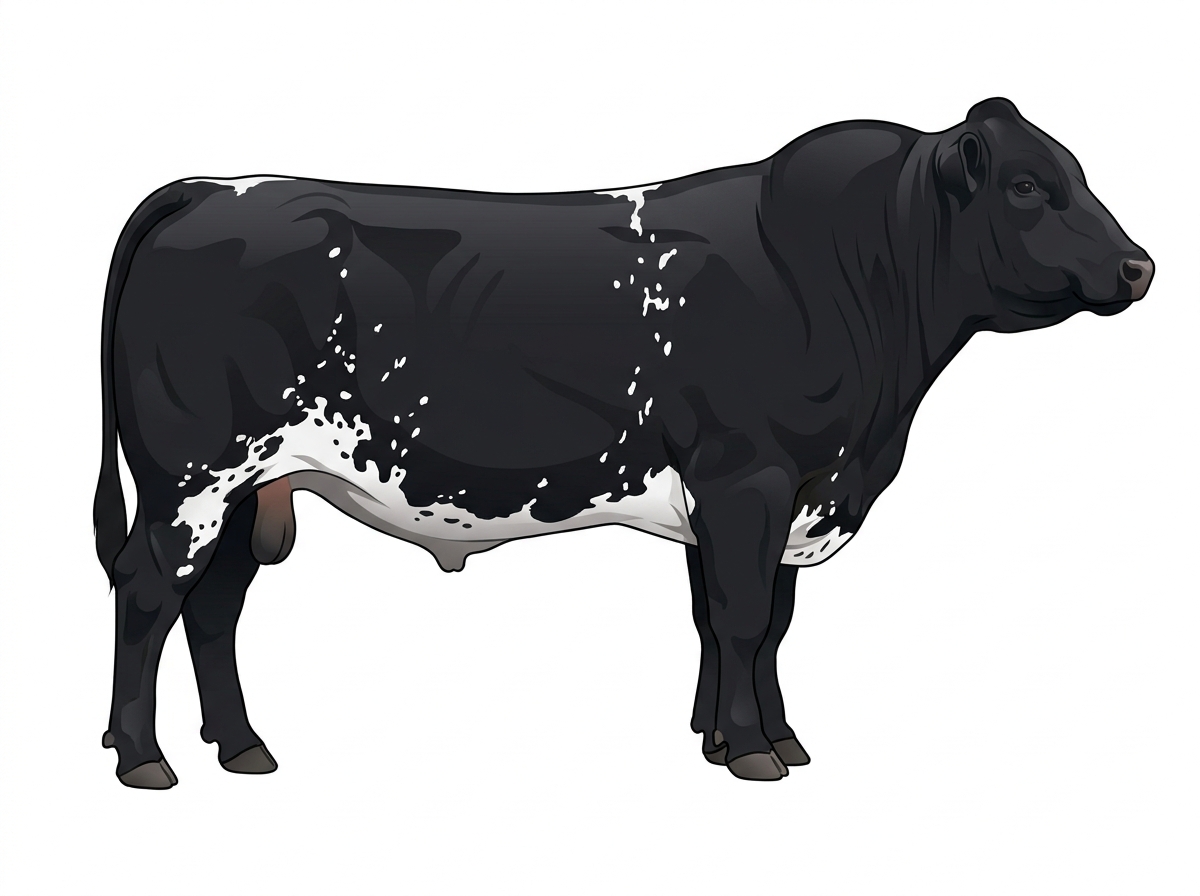 Black with white spots and ticking in the white Purebred Maine-Anjou Bull