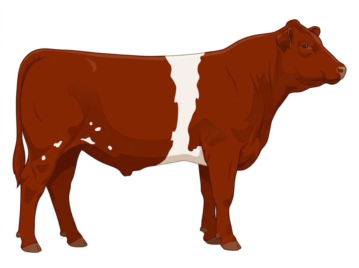 Red with a white belt around the midsection and a few white spots Purebred Maine-Anjou Steer