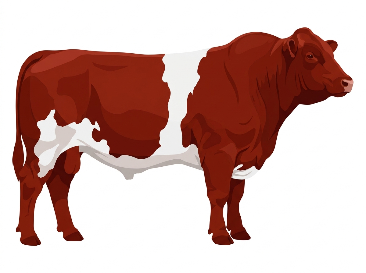 Red with a white belt around the midsection and white in large patches Purebred Maine-Anjou Bull