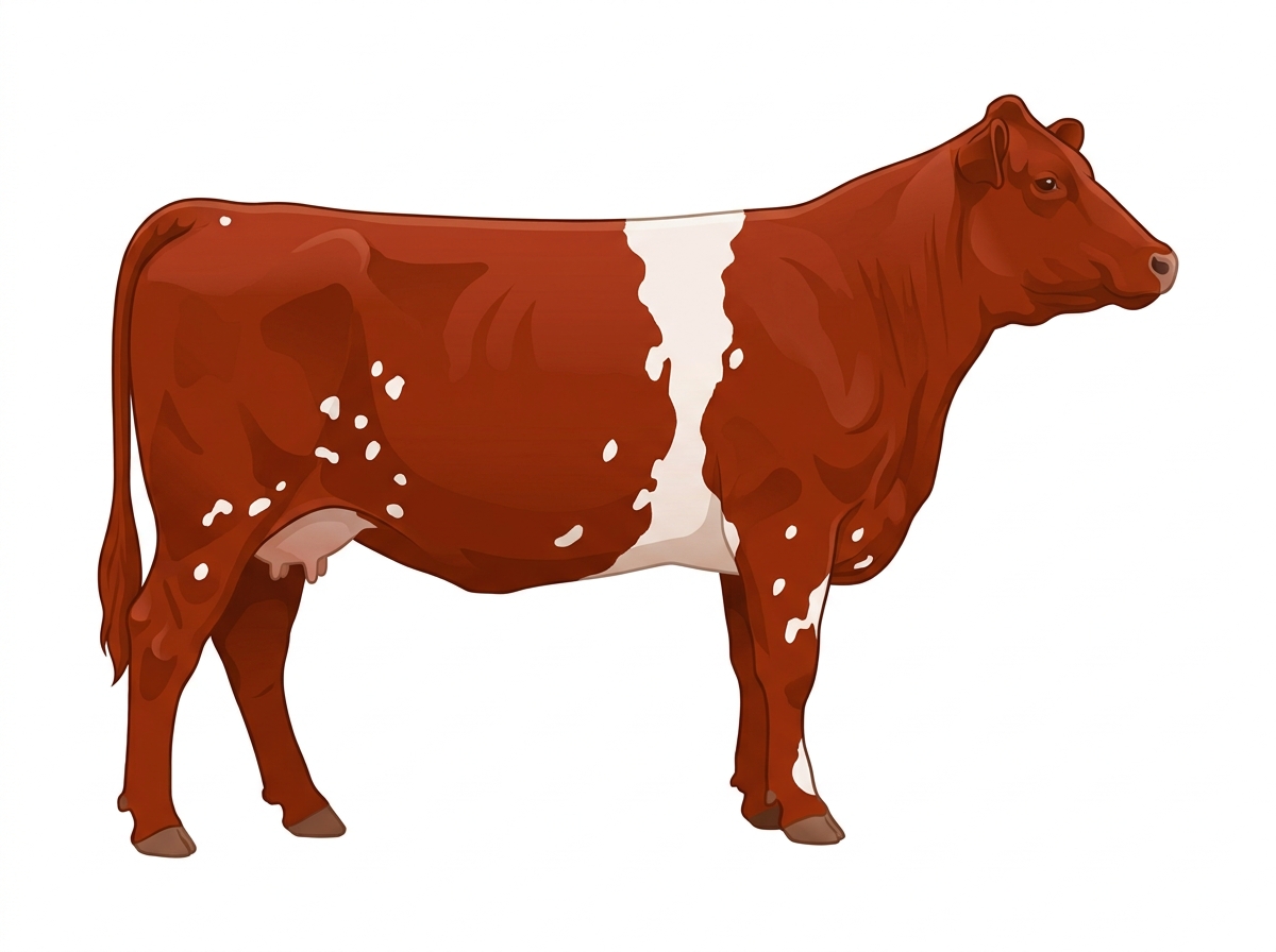 Red with a white belt around the midsection and white spots Purebred Maine-Anjou Cow