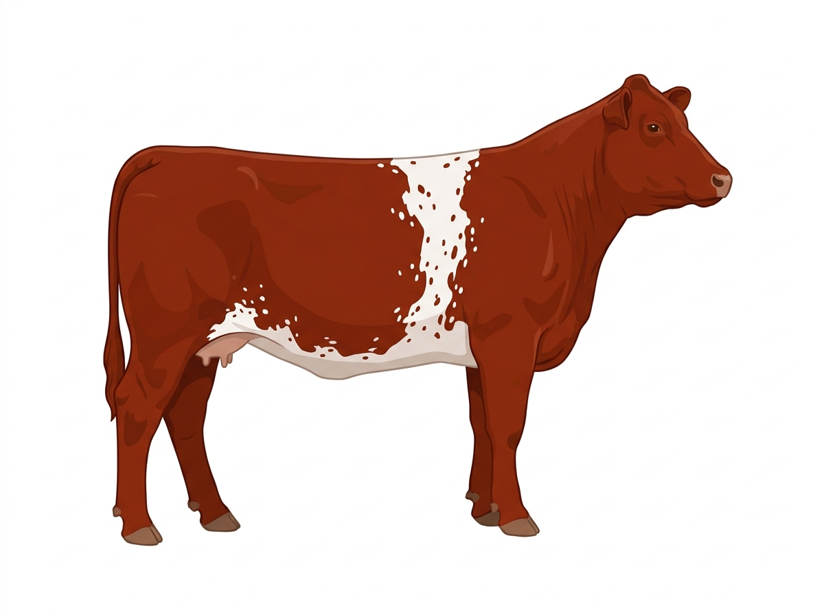 Red with a white belt around the midsection, white spots and ticking in the white Purebred Maine-Anjou Cow