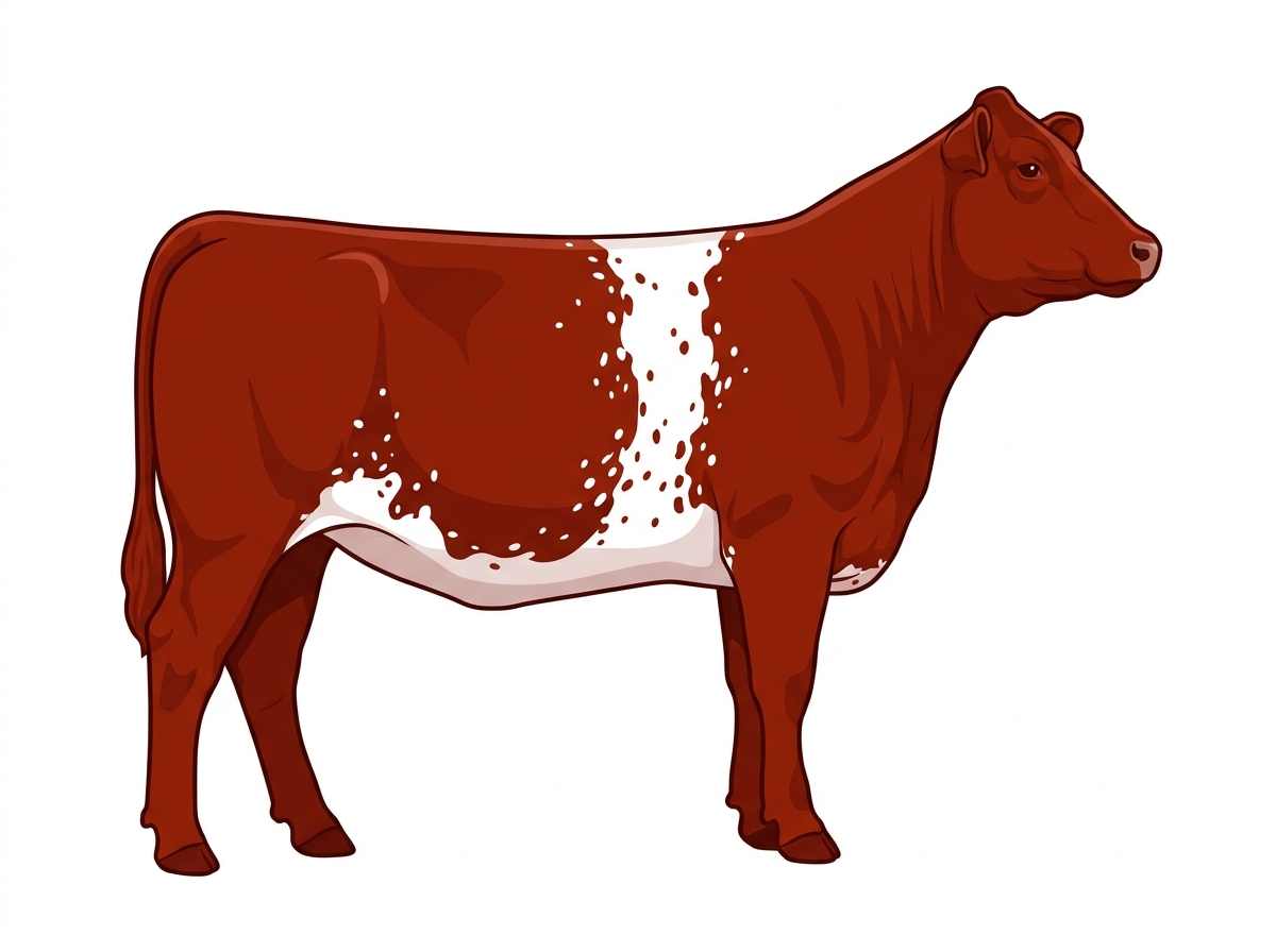 Red with a white belt around the midsection, white spots and ticking in the white Purebred Maine-Anjou Heifer