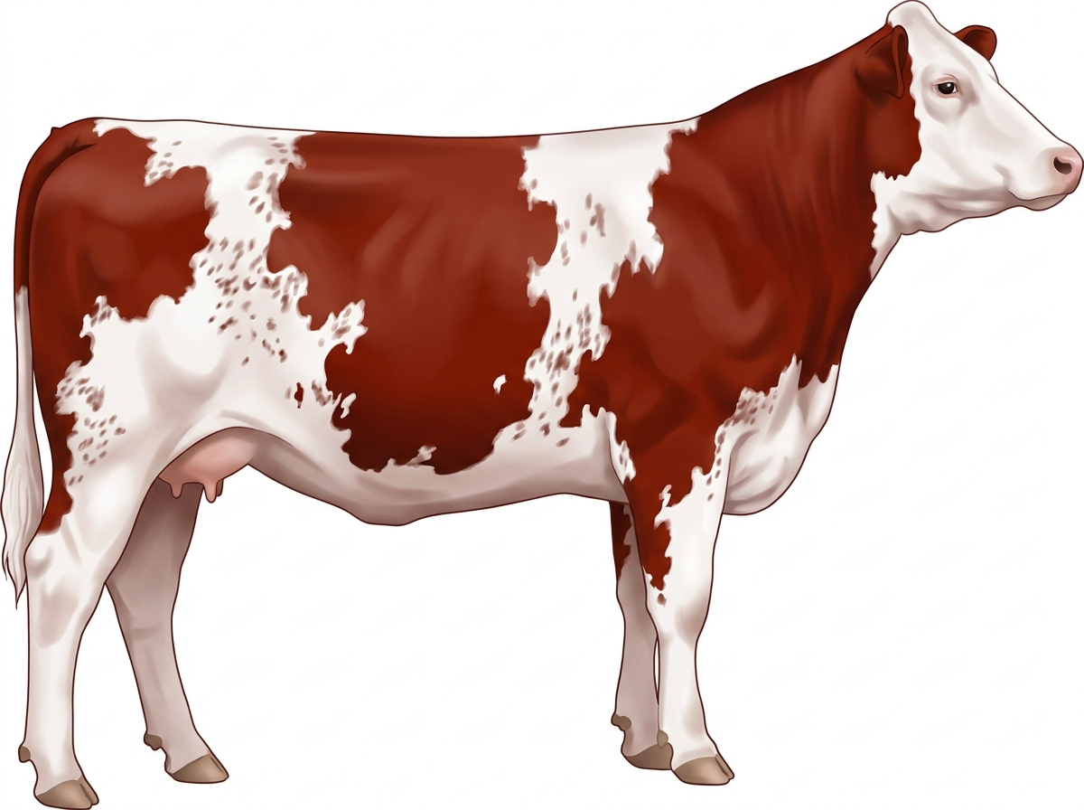 Red with white in large patches and ticking in the white Purebred Maine-Anjou Cow