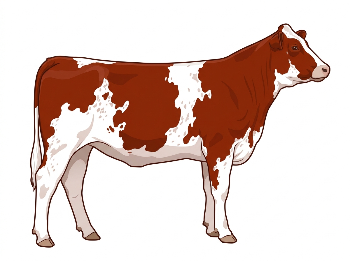 Red with white in large patches and ticking in the white Purebred Maine-Anjou Heifer