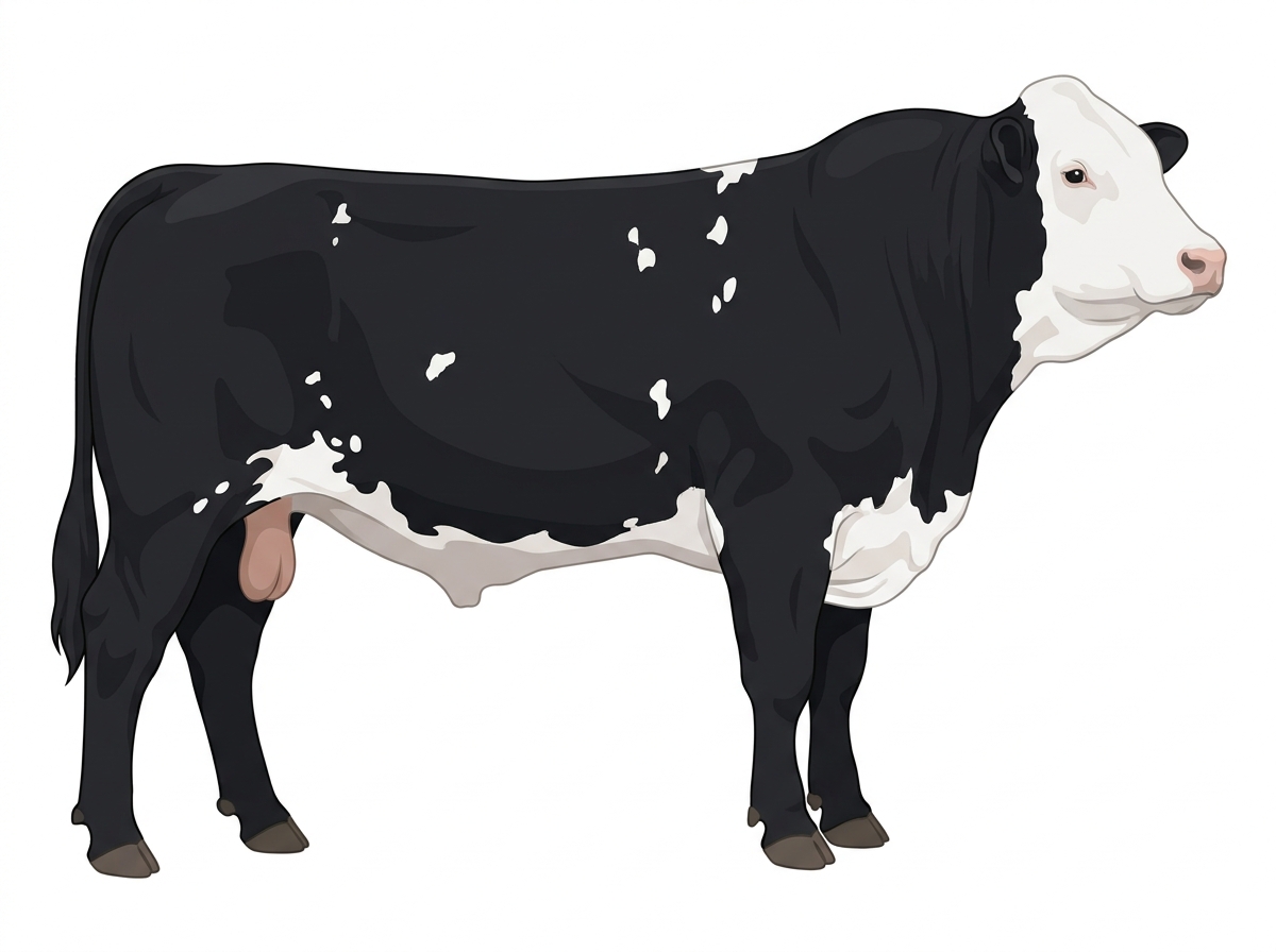 Black with a full white face, white brisket and underline and a few white spots Purebred Simmental Bull